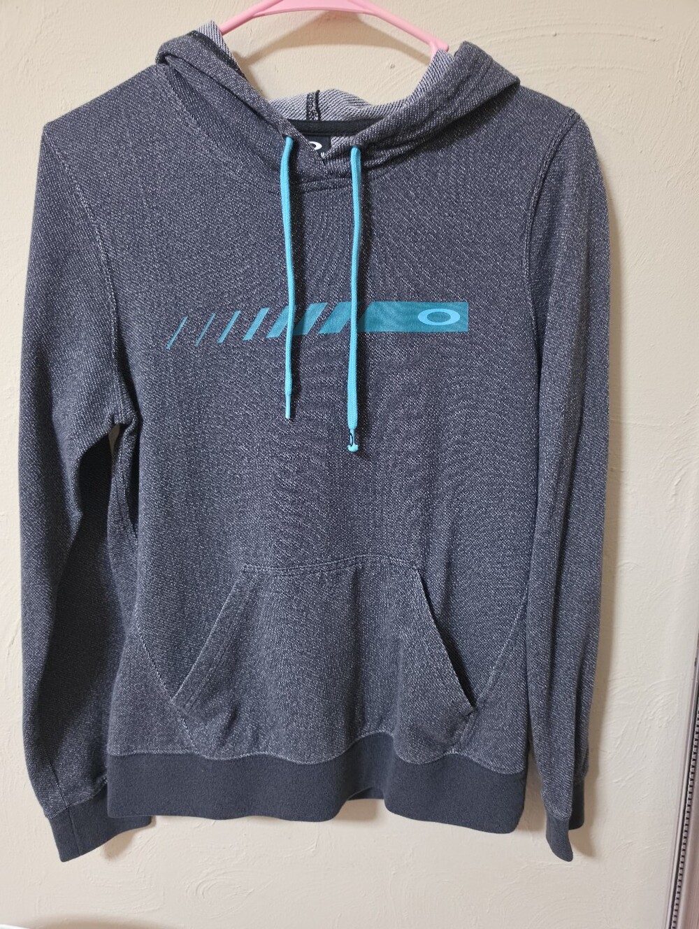 Oakley Dark Gray Hoodie with Teal Logo and Drawstrings